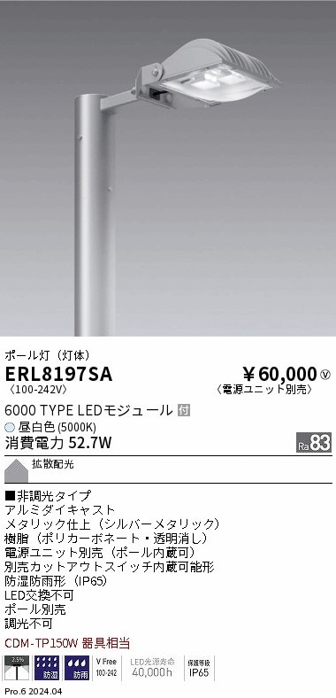 ERL8197SA 遠藤照明 ポール灯 6000タイプ 昼白色5000K 拡散配光