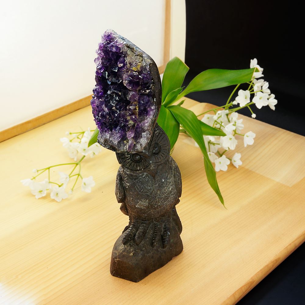 激レア！ アメジストと熔岩石のコラボ 手彫り 彫刻 フクロウ 620g