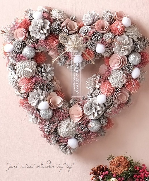 雑貨】 【冬・クリスマス】 ナチュラルハートリース 『ホワイトピンク