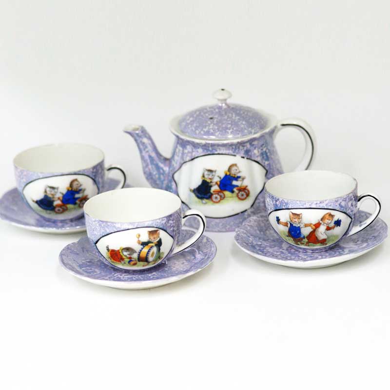 猫絵柄のアンティークティーセット ドイツ1900年代初期 ティーポットと