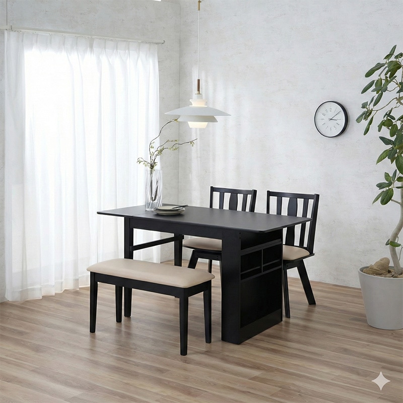 ダイニング4点セット 伸長テーブル CALM4 90EXT BK/M-GY + 回転チェア