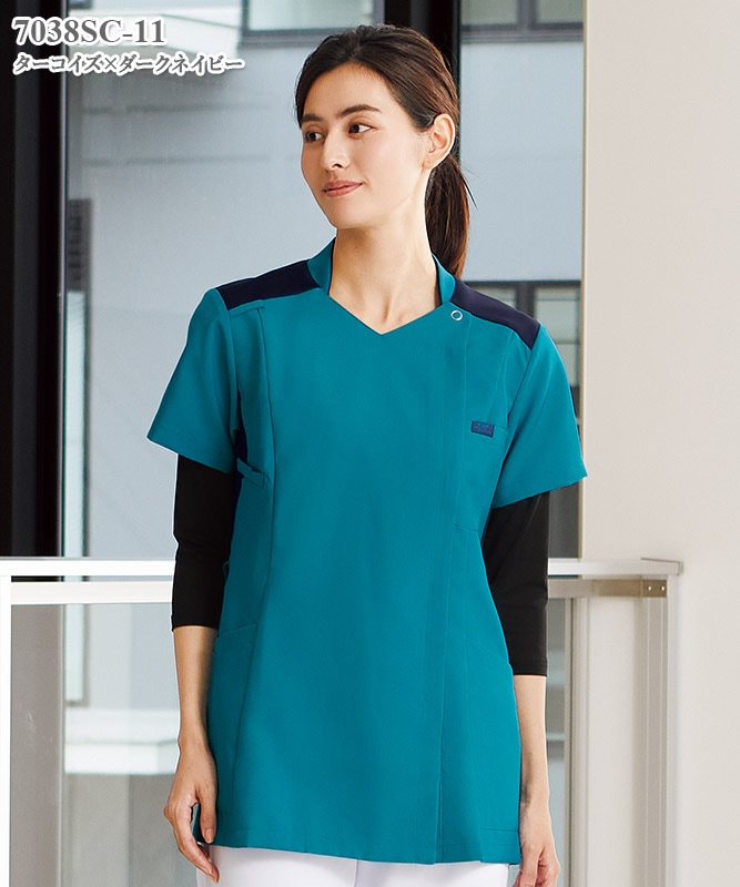 レディスジップスクラブ半袖[フォーク製品] 7038SC｜THS-白衣通販・販売