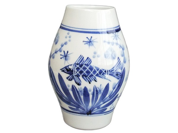 砥部焼 梅山窯 へんこ花瓶（魚文）【和食器通販e-tobeyaki.com】