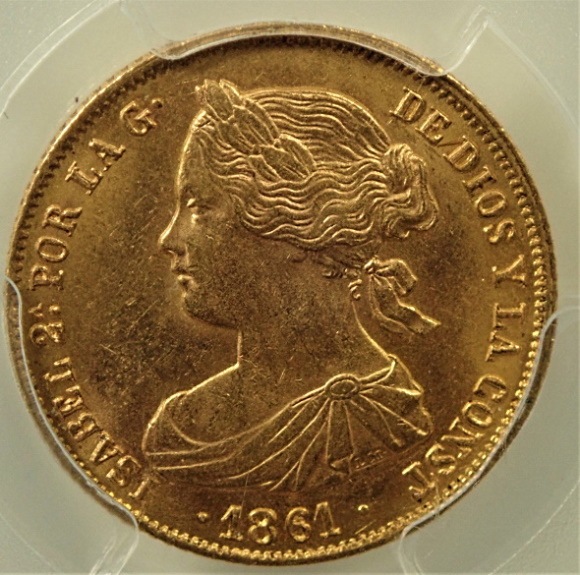スペインのイザベラ2世時代、1861年に発行された100レアル金貨、KM