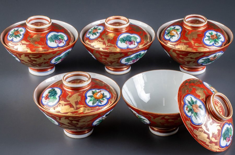 九谷焼】 九谷峰仙 赤絵金彩雲鶴柘榴文蓋茶碗 5客 16787 | すべての