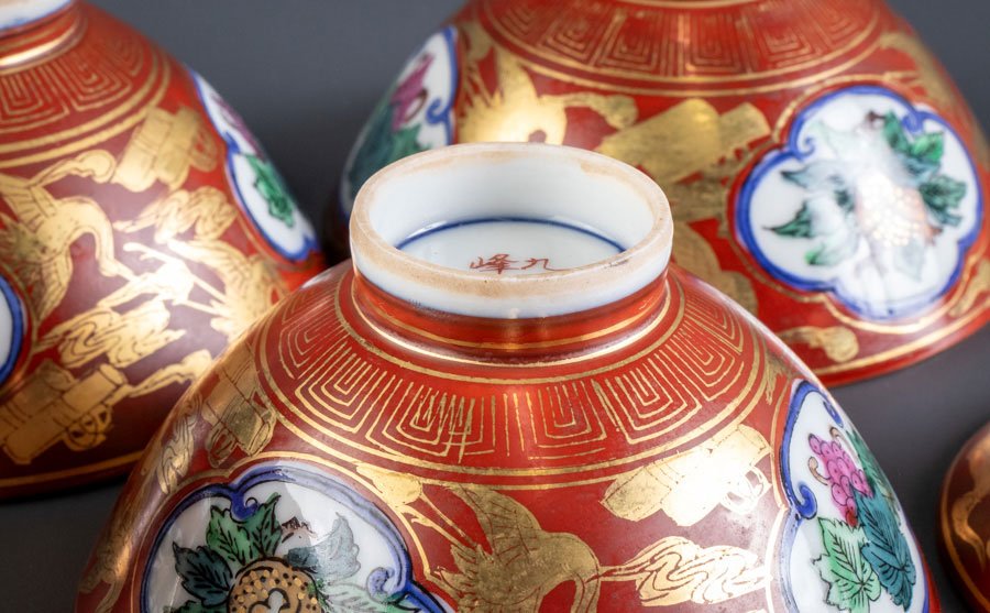 九谷焼】 九谷峰仙 赤絵金彩雲鶴柘榴文蓋茶碗 5客 16787 | すべての