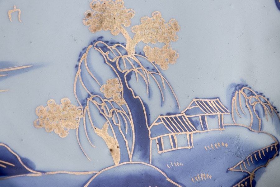 古伊万里】 染付金彩楼閣山水文輪花七寸皿 10客セット 箱付 11802