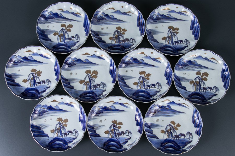 古伊万里】 染付金彩楼閣山水文輪花七寸皿 10客セット 箱付 11802