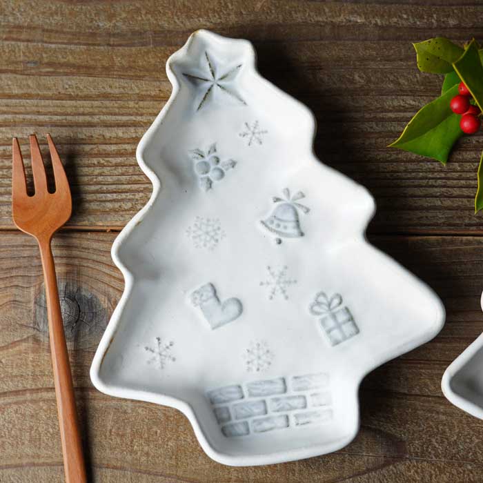 益子焼 クリスマスツリーのケーキ皿【スノーホワイト】わかさま陶芸 中