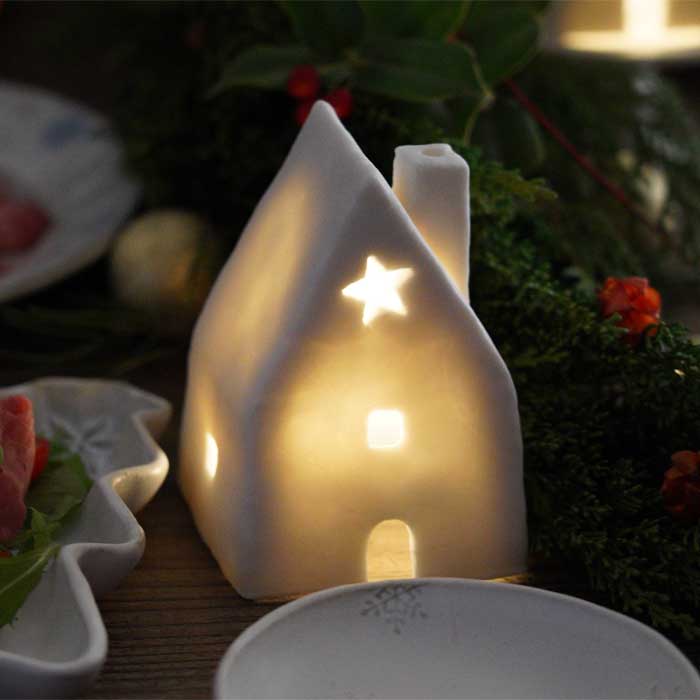 益子焼のキャンドルハウス【おうち】 LEDライト＆台座つき わかさま