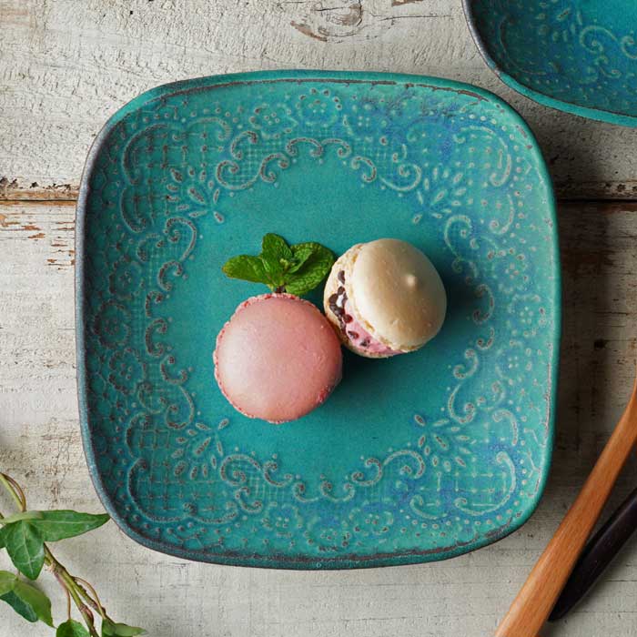 益子焼 チュールレースの角皿 シャビーターコイズ わかさま陶芸 取り皿