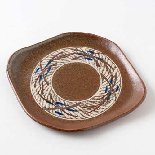 益子焼 縄文象嵌草文 楕円皿 作者：大塚伸夫 Mashiko-yaki jomon zogan