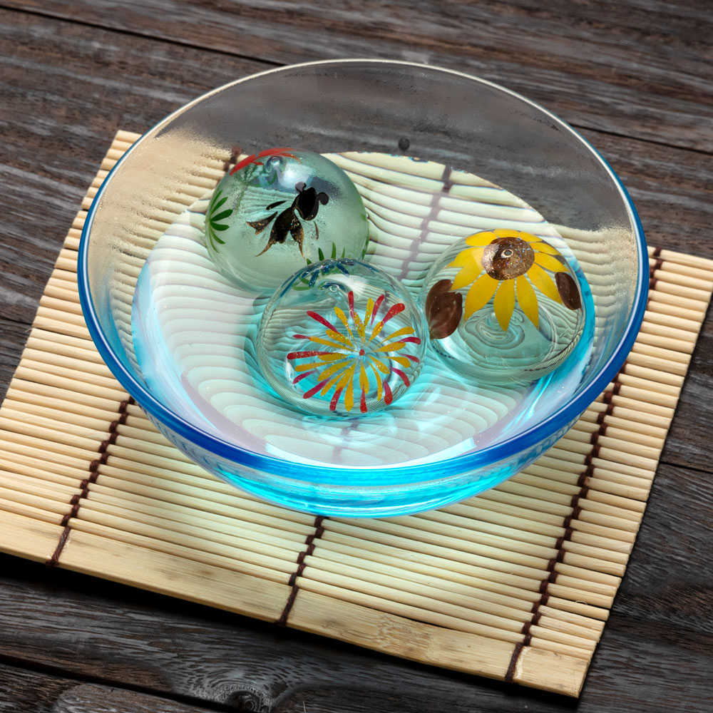 ビードロ浮き玉・小 水草金魚（マリンブルー）(T-019) 水に浮かべて涼