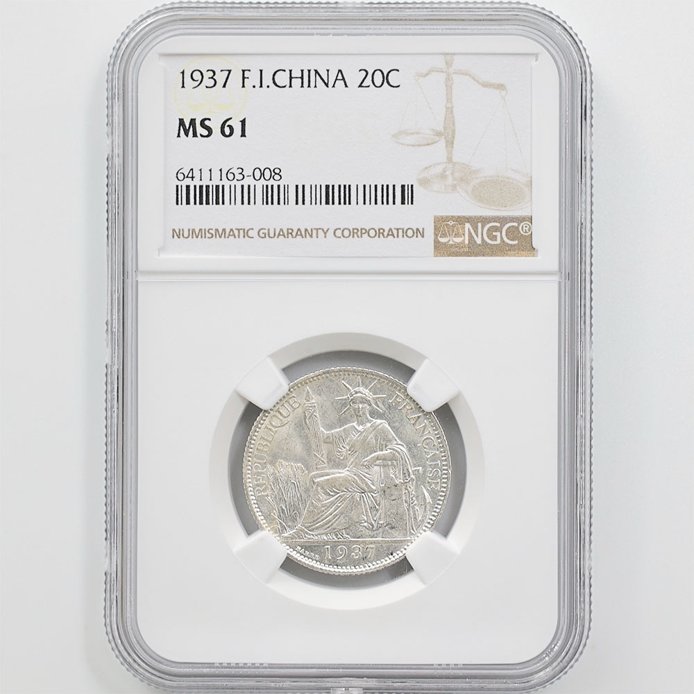 委託販売 1937 フランス領インドシナ 20 セント 銀貨 未使用 NGC MS 61