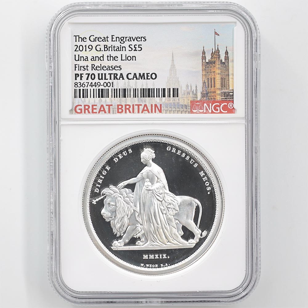 2019 英国 ウナとライオン 5ポンド 銀貨 2オンス プルーフ NGC PF 70