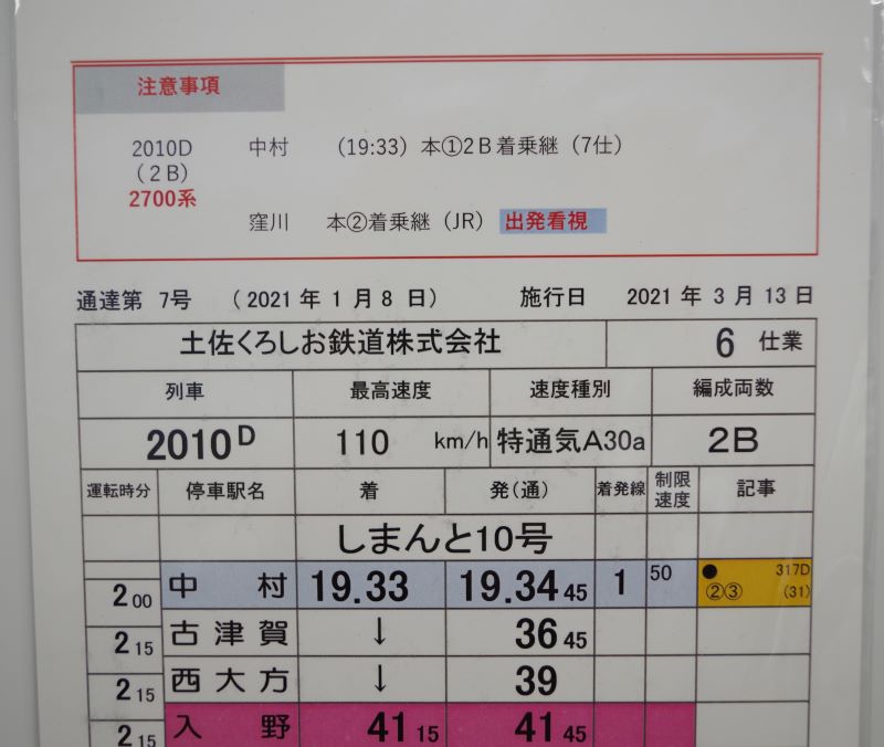 土佐くろしお鉄道株式会社 乗務行路表（列車番号：2010、 しまんと