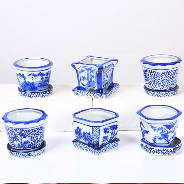 鉢：中国染付小鉢6点セットE(受皿付) 7.4－8cm*資材 | 盆栽鉢・水盤