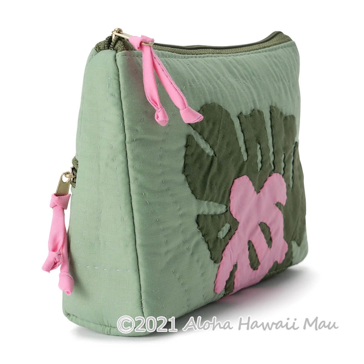 ハワイアンキルト ポーチ 2ポケット グリーン ホヌ・モンステラ