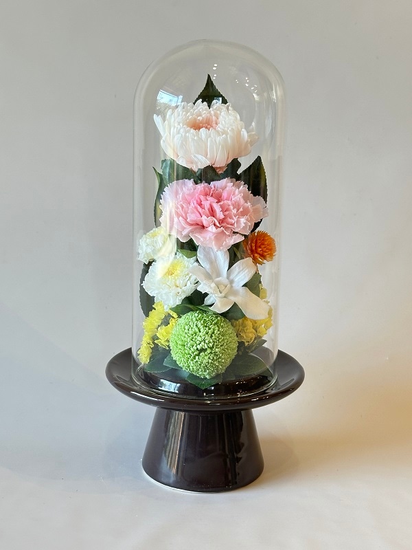 プリザーブドフラワー仏花 ガラスドーム大 菊（全高27cm） | お供え花
