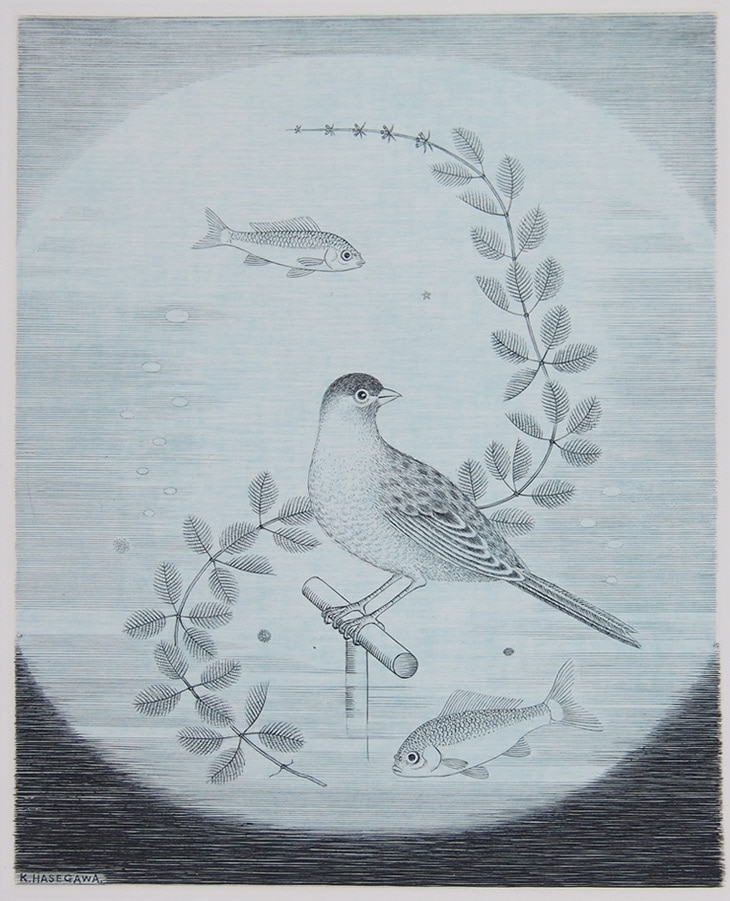 ◇ルーブル美術館収蔵作家◇ 長谷川潔 銅版画 【 小鳥と二葉 】1964年作