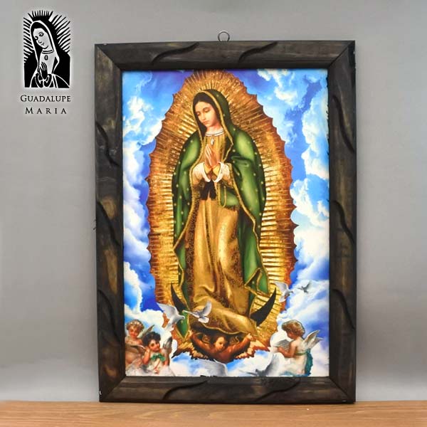 グアダルーペ マリア ウッドフレーム 壁掛け 立てかけ 雲 空 鳩 ブルー