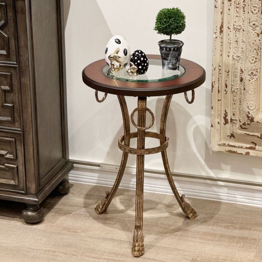 アンティークサイドテーブル ガラスウッド天板 アイアンフレーム