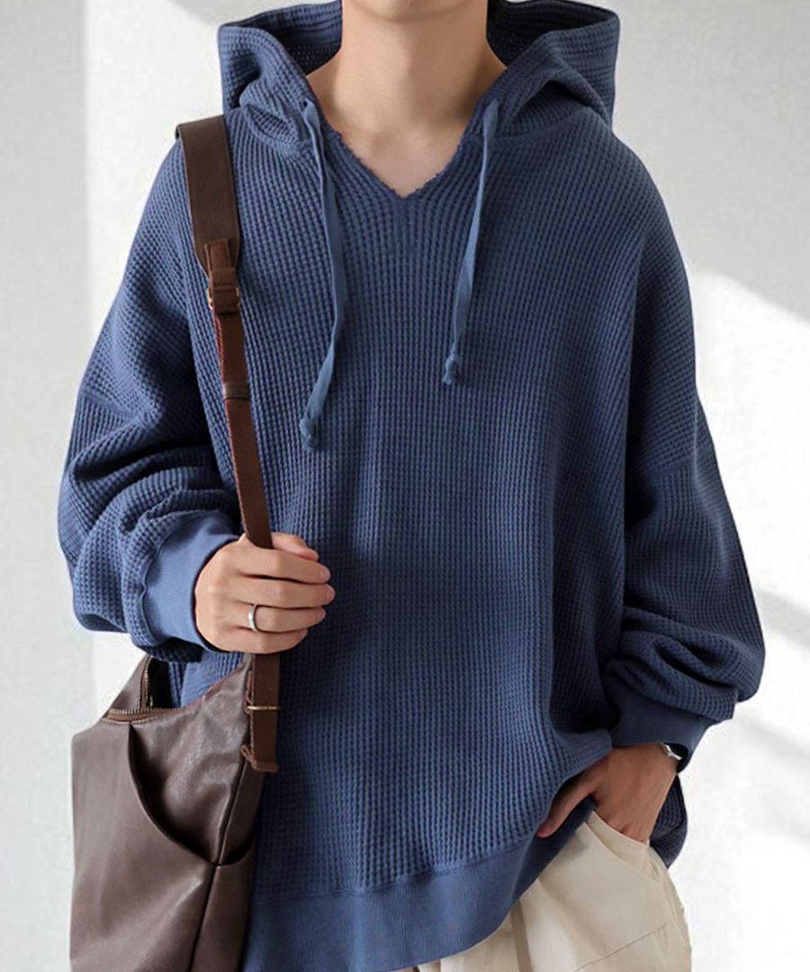 ガゼット風ネックフーディー メンズ 鬼ワッフル 長袖 送料無料・再入荷