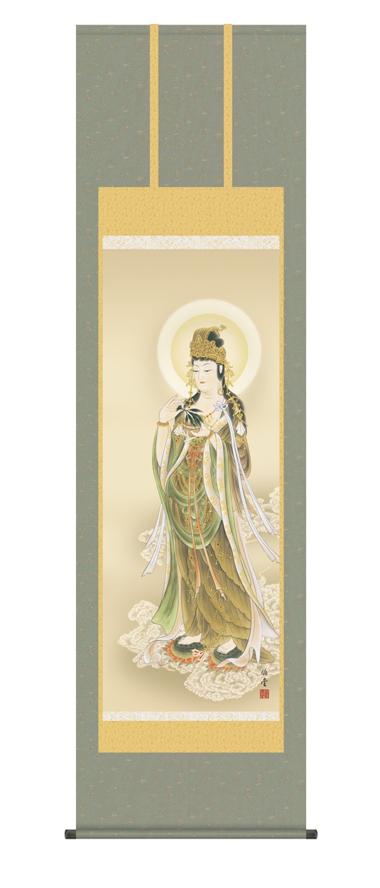 雲上観音』 小川伯堂 金襴本佛表装 掛軸 複製名画 宗教 仏画【ポイント