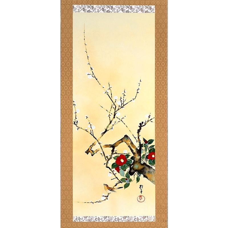 酒井抱一 「十二か月花鳥図」 一月 「梅椿に鶯図」 複製掛軸
