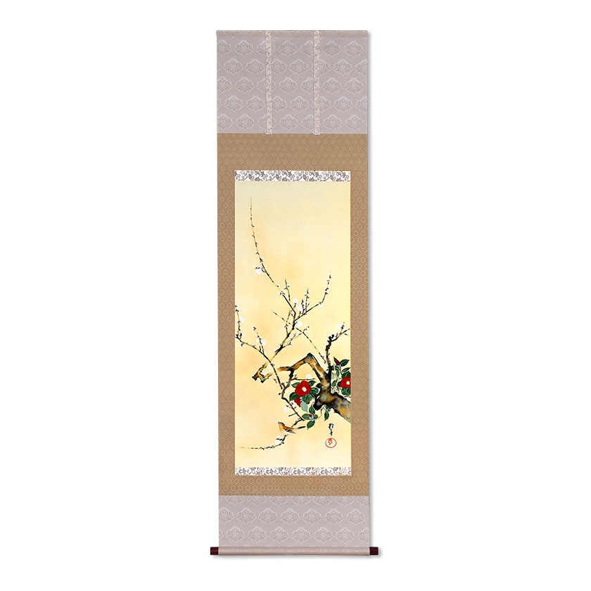 酒井抱一 「十二か月花鳥図」 一月 「梅椿に鶯図」 複製掛軸