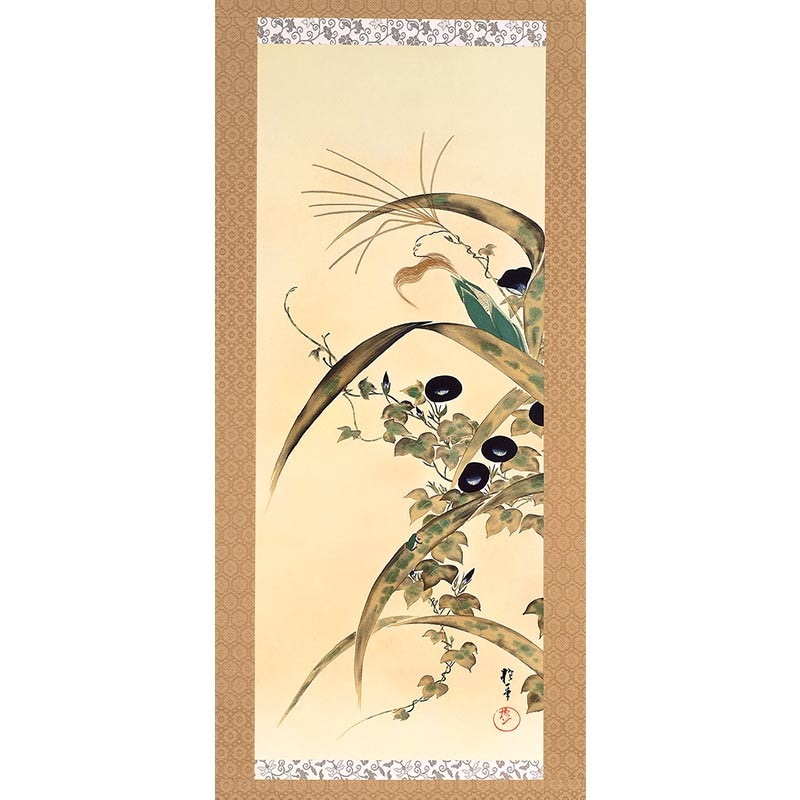 酒井抱一 「十二か月花鳥図」 一月 「梅椿に鶯図」 複製掛軸