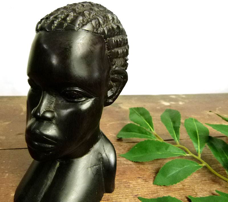 木彫り エボニー彫刻 アフリカ人 / 女性 木像 オブジェ【中古