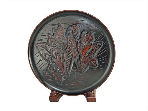 伝統工芸 日光彫 丸盆（ミズバショウ） 漆塗り（日光堆朱塗