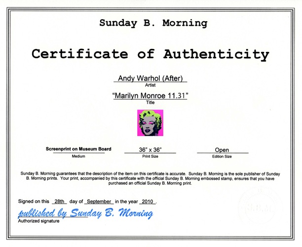 Sunday B Morning マリリンモンロー オープン・エディション 証明書付