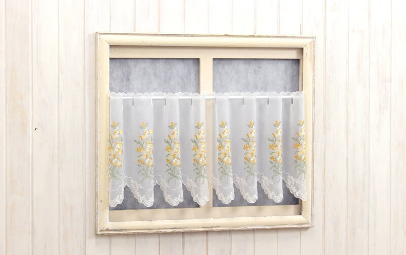 ミモザ刺繍 カフェカーテン 約135×45cm｜インテリアレース・テーブル