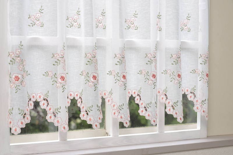 フラワー刺繍 カフェカーテン 約130×60cm｜インテリアレース・テーブル