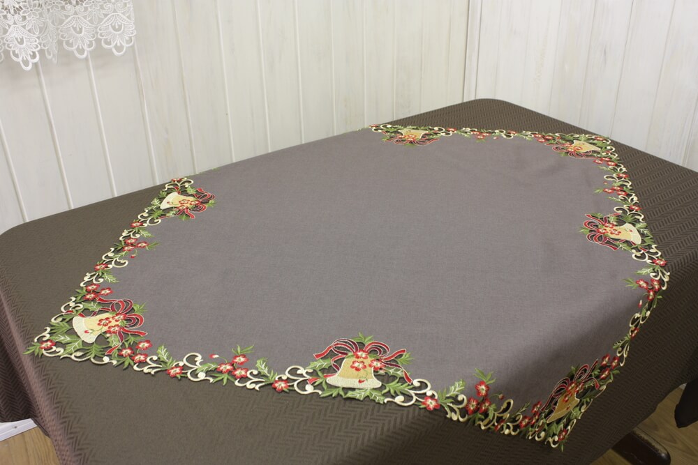 Xmas ゴールドベル 刺繍 テーブルクロス 約85×85cm｜インテリアレース