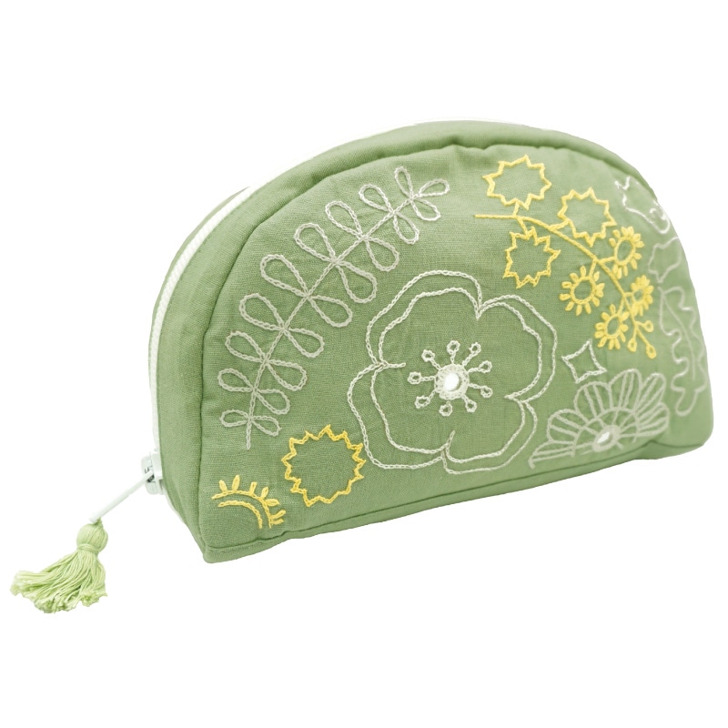 ミラー刺繍 ラウンドポーチ ミモザと花柄(グリーン) | 第3世界