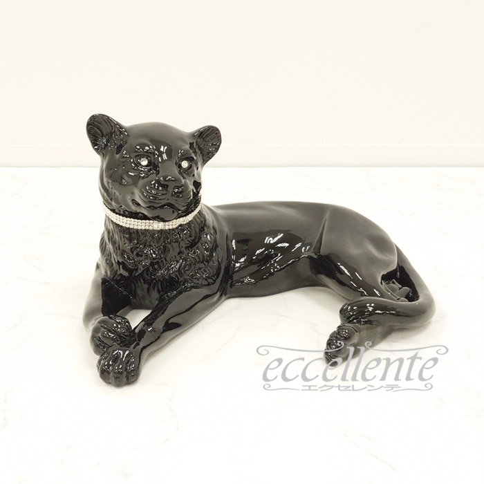 イタリア製 陶製置物 黒ヒョウ lying with collar｜VO-71194CNL