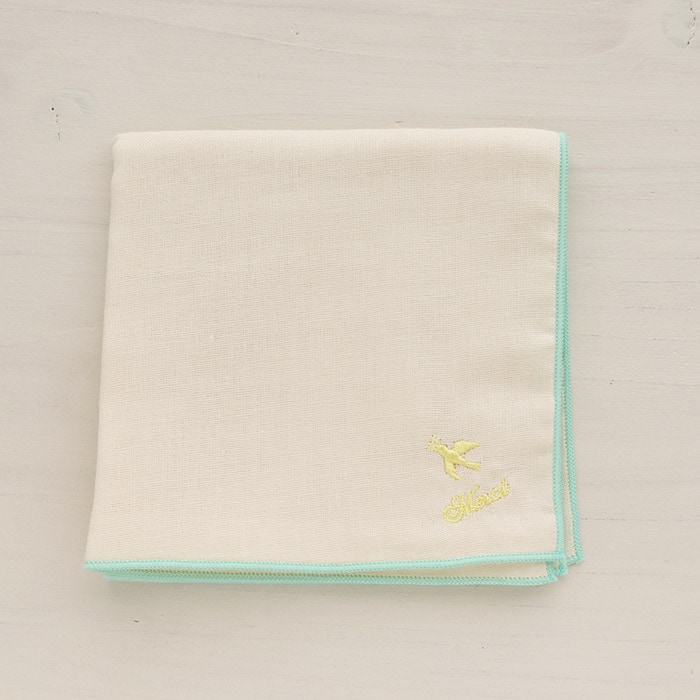 ハンカチ ダブルガーゼハンカチ 小鳥刺繍柄 イエローxグリーン 綿100