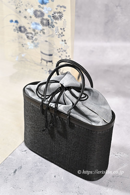 竹籠バッグ（薄墨色麻巾着付き/黒檀色・深型）和小物さくら（KOMKRIT