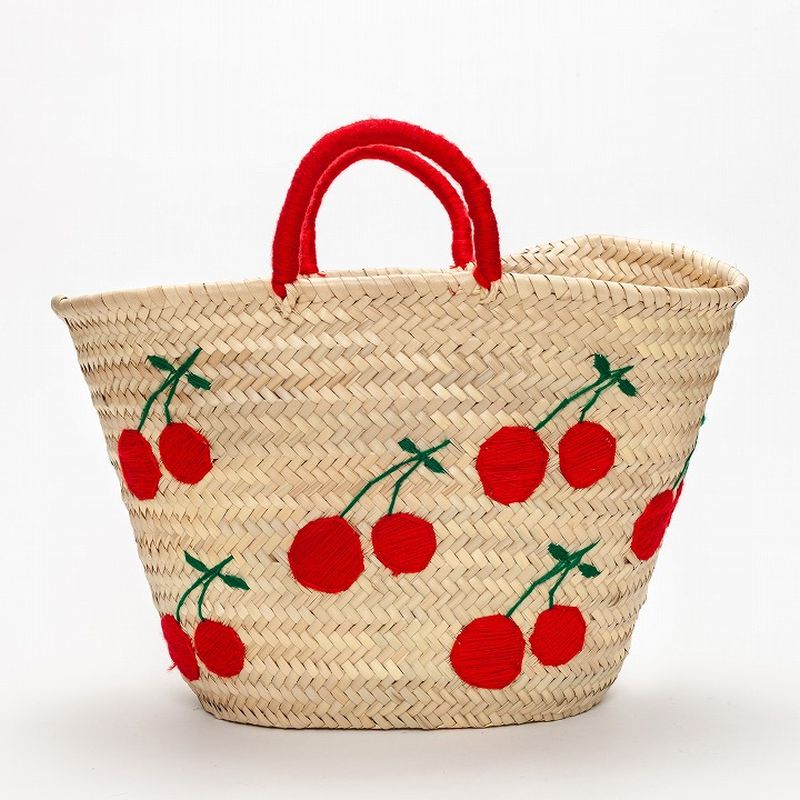 サクランボ刺繍バスケットLL レッド | かごバッグ | FATIMA MOROCCO