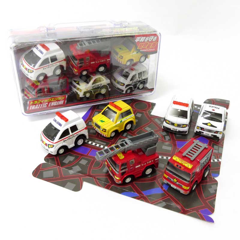 ミニカー＞プルバック☆緊急車両6pcsセット 救急車・消防車・パトカー