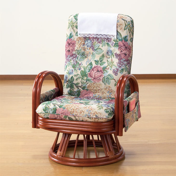 天然籐 リクライニングハイバック回転座椅子 サイドポケット付き