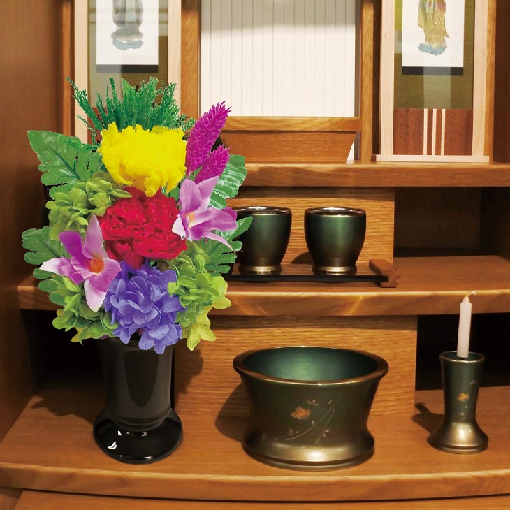 日本製 NEW色華やかプリザーブド仏花2個組 花器付き｜ファミリー