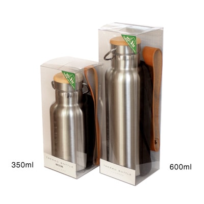 □「THERMO BOTTLE 350ml」ステンレス素材に銘木をプラスした木製水筒