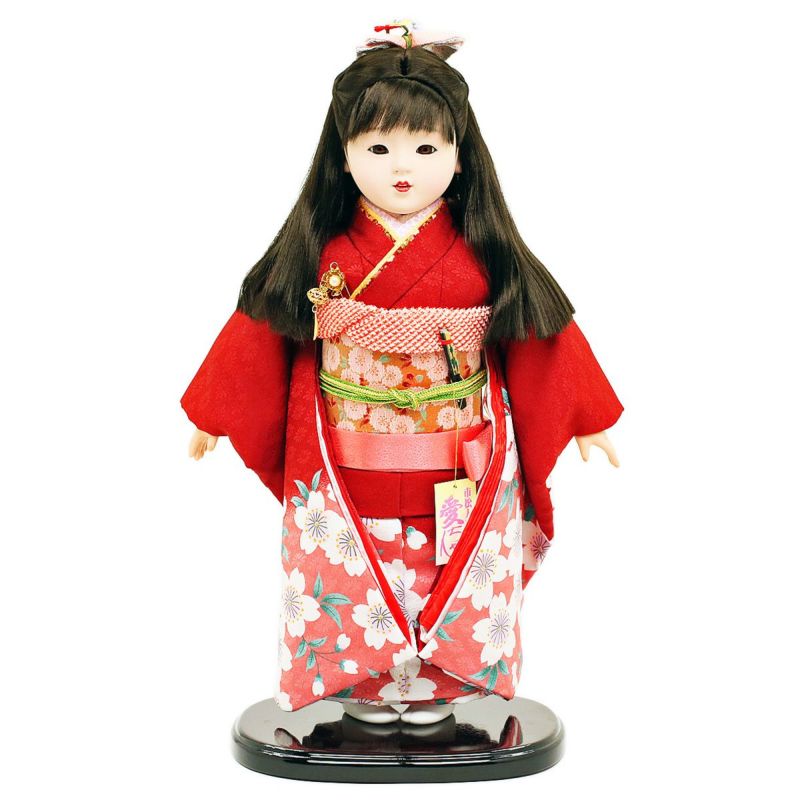 雛人形 公司 市松人形 13号 赤 桜柄 ケース入り 横幅42cm