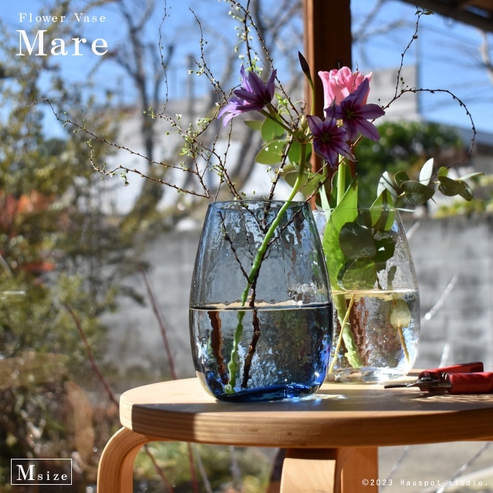 フラワーベース 花束 ガラス おしゃれ 青 クリア｜Mサイズ：約11.0cm丸