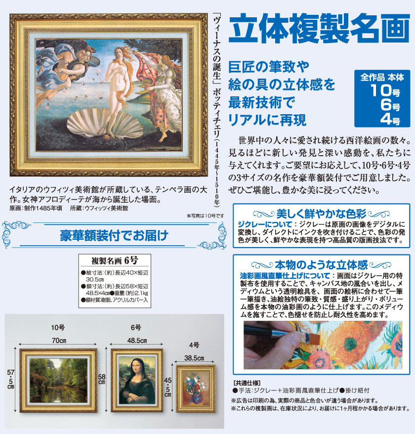 ボッティチェリ 「ヴィーナス誕生」 6号 立体複製名画 【5％ポイント