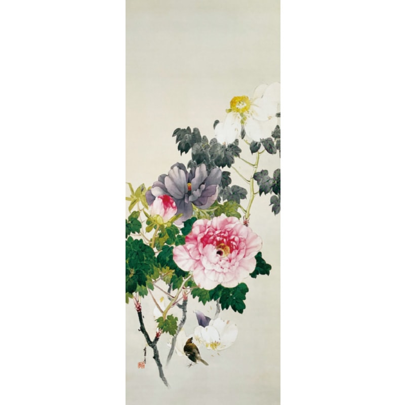 渡辺省亭『十二ケ月花鳥画』4月 牡丹に雀 額【ポイント5％還元中